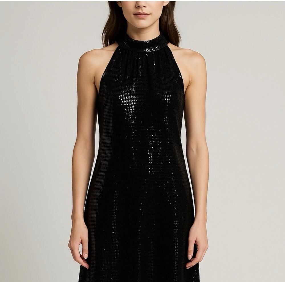bebe Black Sequin Halter Neck Sleeveless Shift Knee Dress Women’s XL